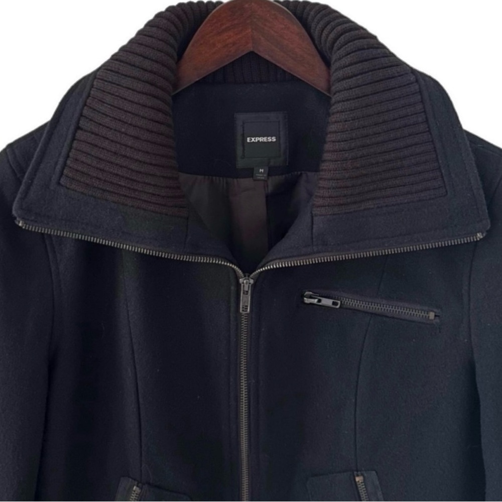NEW Express Black Wide Collar Wool Blend Bomber Jacket Size Medium - Picture 3 of 11